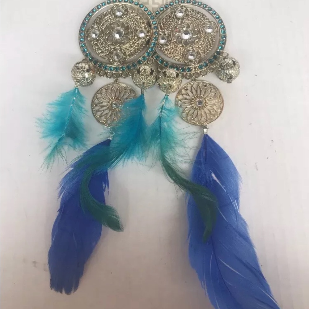 boho chic look feather earrings long silver tone